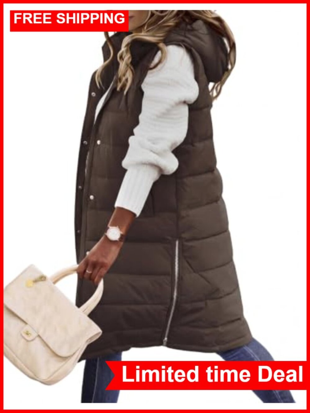 Long Quilted Puffer Vest Zip Sleeveless Winter Coat Hooded
